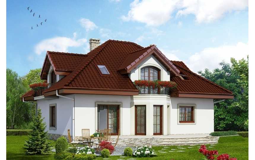 Проект жилого двухэтажного коттеджа из силикатного кирпича в европейском стиле с одноместным гаражом и камином - VV-1 VV-1