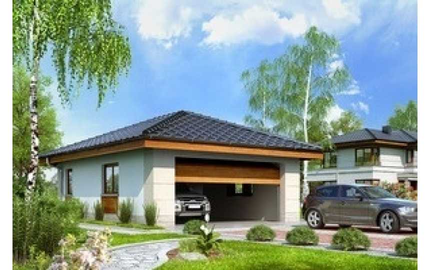 Проект узкого одноэтажного двухместного гаража из пористого бетона в европейском стиле с хозяйственным помещением -  VV-10