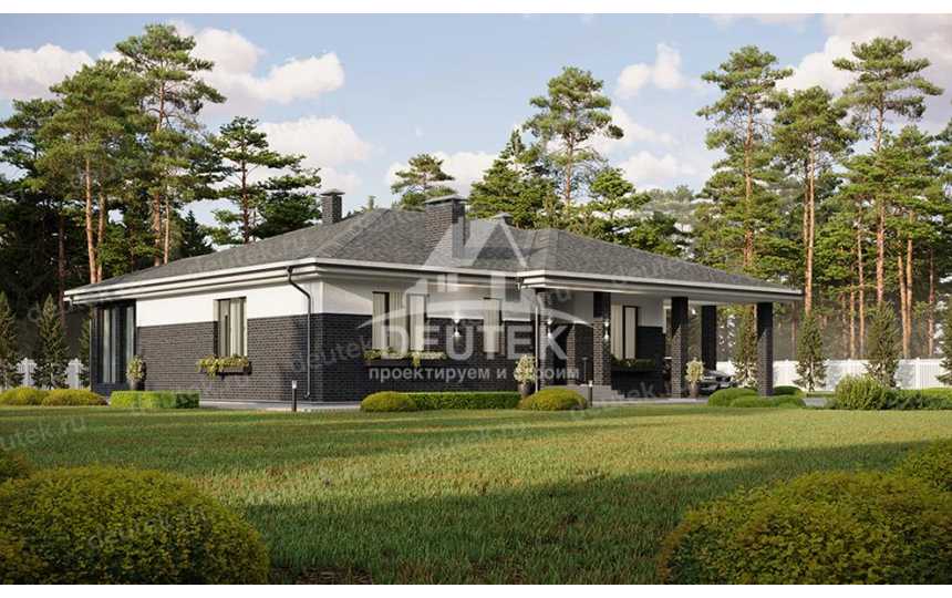 Проект квадратного одноэтажного дома с одноместным гаражом, верандой и кабинетом - LK-226