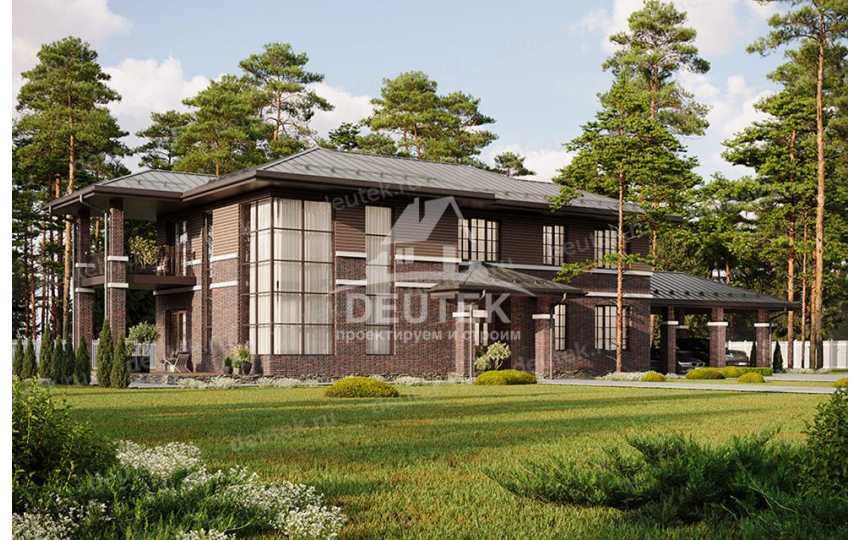 Проект узкого двухэтажного дома с навесом для 2 автомобилей и тренажёрным залом - LK-275