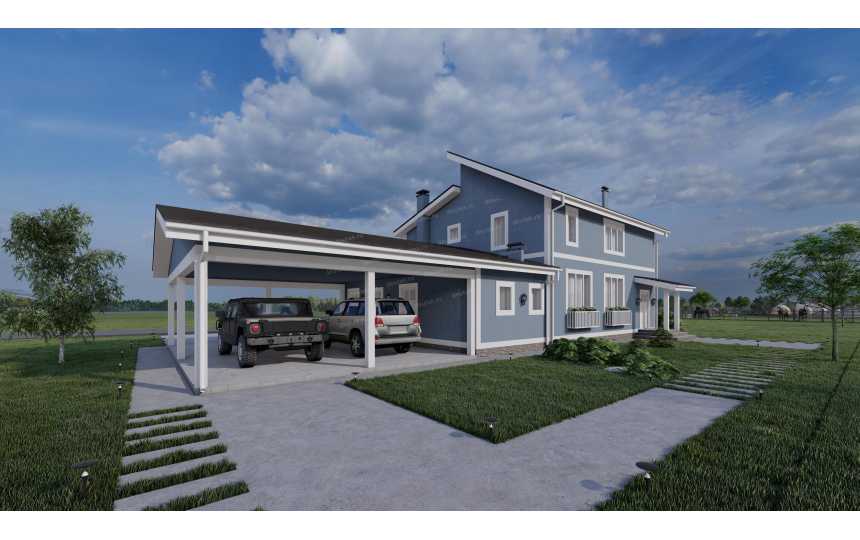 Проект узкого двухэтажного дома с навесом для двух автомобилей - P233