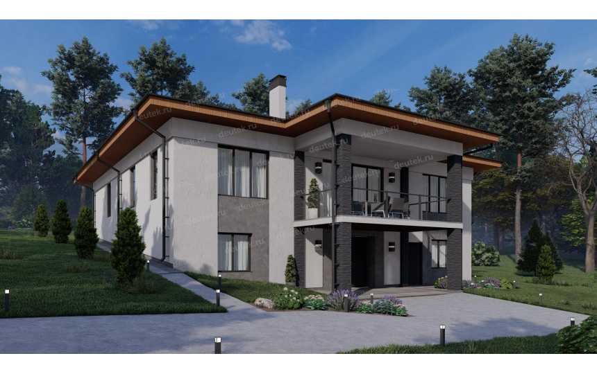 Проект узкого одноэтажного дома с гаражом и цоколем - P284