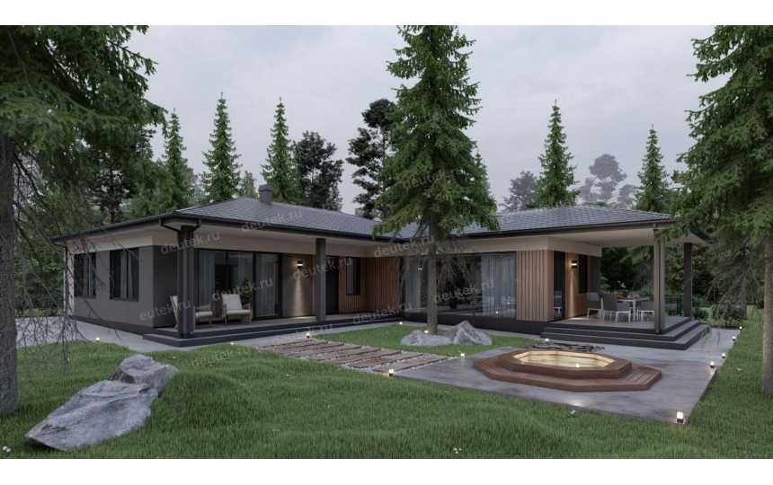 Проект углового одноэтажного дома с тремя спальнями - P300