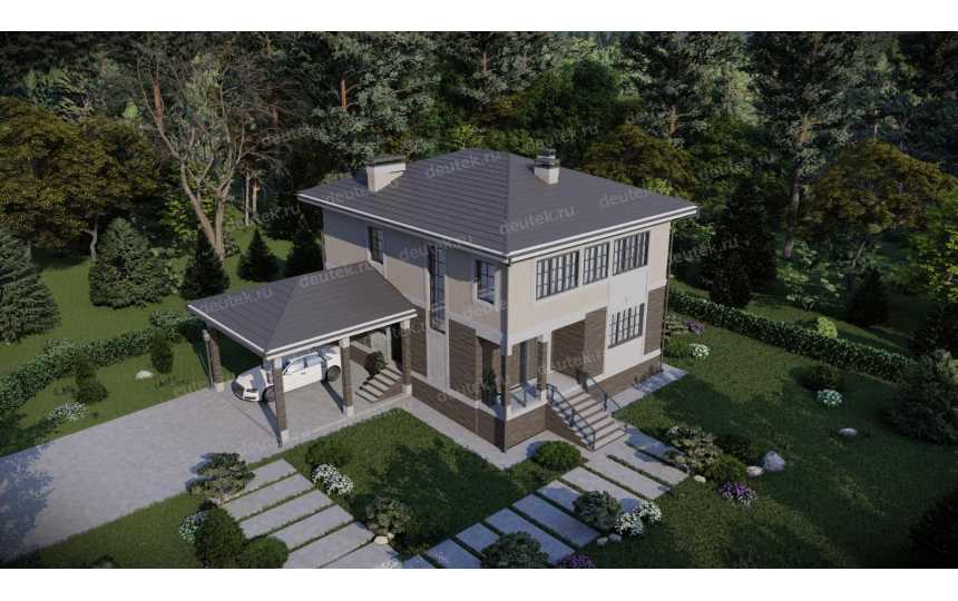 Проект жилого двухэтажного дома с навесом для автомобиля - P260