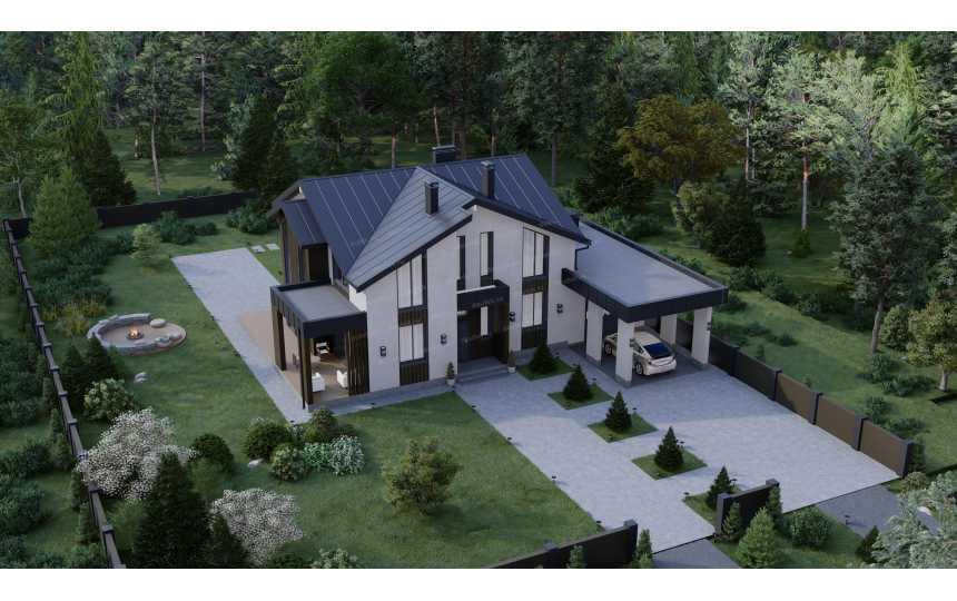 Проект жилого двухэтажного дома с большими окнами - P276