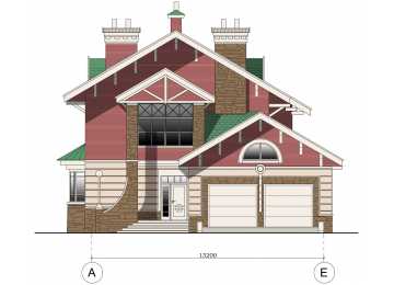 Проект узкого двухэтажного дома из кирпича в стиле барокко с двухместным гаражом, с площадью до 350 кв м и размерами 27 м на 13 м PA-18