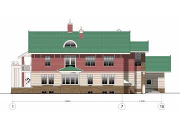 Проект узкого двухэтажного дома из кирпича в стиле барокко с двухместным гаражом, с площадью до 350 кв м и размерами 27 м на 13 м PA-18