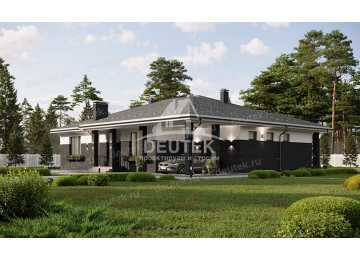 Проект квадратного одноэтажного дома с одноместным гаражом, верандой и кабинетом - LK-226