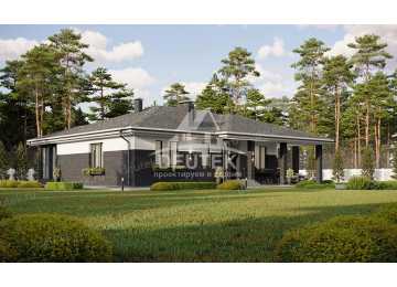 Проект квадратного одноэтажного дома с одноместным гаражом, верандой и кабинетом - LK-226