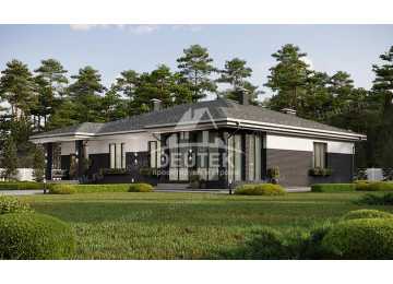 Проект квадратного одноэтажного дома с одноместным гаражом, верандой и кабинетом - LK-226