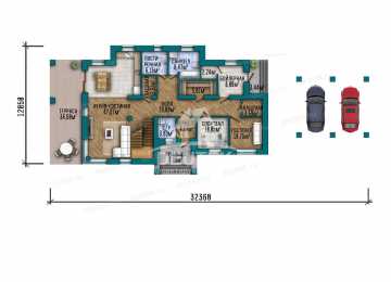 Проект узкого двухэтажного дома с навесом для 2 автомобилей и тренажёрным залом - LK-275