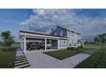 Проект узкого двухэтажного дома с навесом для двух автомобилей - P233