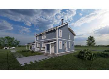 Проект узкого двухэтажного дома с навесом для двух автомобилей - P233