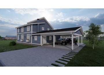 Проект узкого двухэтажного дома с навесом для двух автомобилей - P233