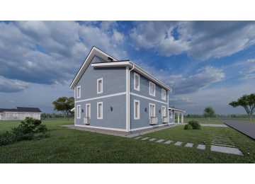 Проект узкого двухэтажного дома с навесом для двух автомобилей - P233