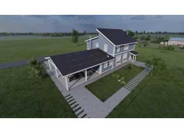 Проект узкого двухэтажного дома с навесом для двух автомобилей - P233