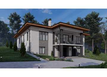 Проект узкого одноэтажного дома с гаражом и цоколем - P284