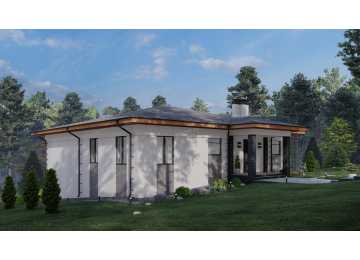 Проект узкого одноэтажного дома с гаражом и цоколем - P284