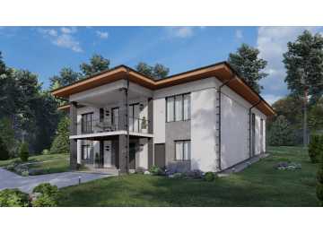 Проект узкого одноэтажного дома с гаражом и цоколем - P284