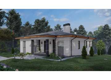 Проект узкого одноэтажного дома с гаражом и цоколем - P284