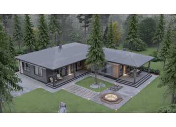 Проект углового одноэтажного дома с тремя спальнями - P300