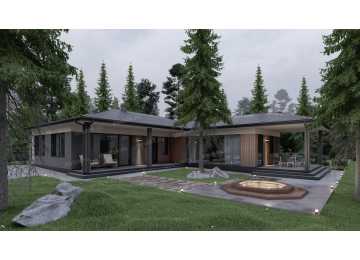 Проект углового одноэтажного дома с тремя спальнями - P300