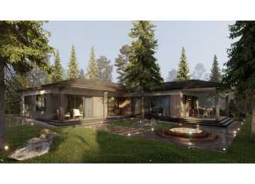 Проект углового одноэтажного дома с тремя спальнями - P300