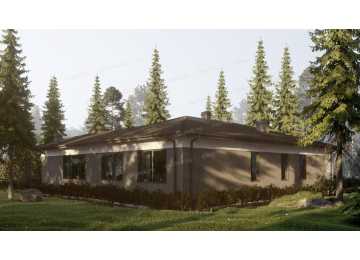 Проект углового одноэтажного дома с тремя спальнями - P300