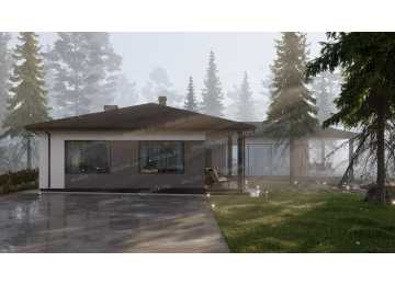 Проект углового одноэтажного дома с тремя спальнями - P300