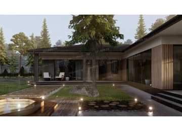 Проект углового одноэтажного дома с тремя спальнями - P300