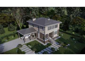 Проект жилого двухэтажного дома с навесом для автомобиля - P260