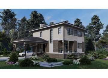 Проект жилого двухэтажного дома с навесом для автомобиля - P260