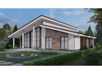 Проект узкого одноэтажного дома с большими окнами, вторым светом и двухместным гаражом - P289