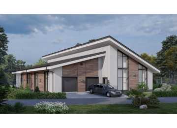 Проект узкого одноэтажного дома с большими окнами, вторым светом и двухместным гаражом - P289
