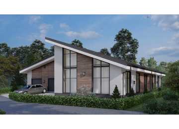 Проект узкого одноэтажного дома с большими окнами, вторым светом и двухместным гаражом - P289