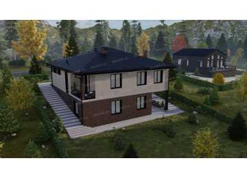 Проект квадратного двухэтажного дома с цоколем и одноместным гаражом - P228