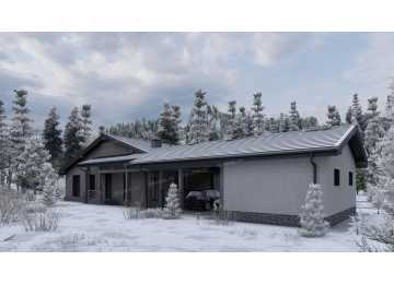 Проект одноэтажного дома с навесом для двух автомобилей и одноместным гаражом - P245