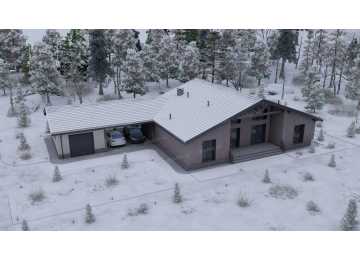 Проект одноэтажного дома с навесом для двух автомобилей и одноместным гаражом - P245