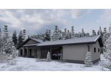 Проект одноэтажного дома с навесом для двух автомобилей и одноместным гаражом - P245