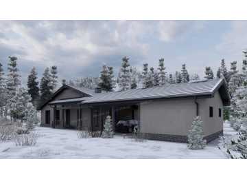 Проект одноэтажного дома с навесом для двух автомобилей и одноместным гаражом - P245