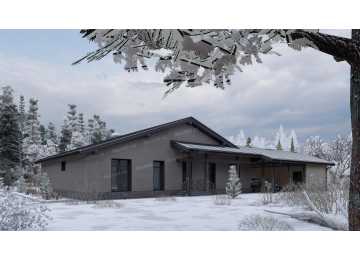 Проект одноэтажного дома с навесом для двух автомобилей и одноместным гаражом - P245