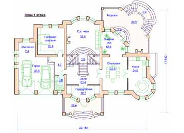 Проект узкого двухэтажного дома из кирпича в стиле барокко с цокольным этажом , погребом и двухместным гаражом PA-16