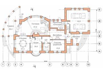 Проект узкого двухэтажного дома из кирпича в стиле барокко с двухместным гаражом, с площадью до 350 кв м и размерами 27 м на 13 м PA-18