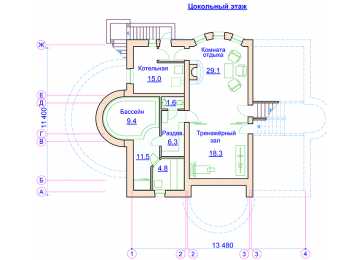 Проект двухэтажного дома из кирпича в стиле барокко с цокольным этажом, бассейном и вторым светом PA-19
