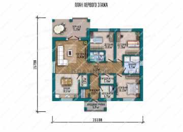 Проект квадратного одноэтажного дома с размерами 15 м на 16 м LK-26
