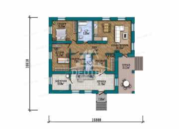 Проект квадратного одноэтажного дома с размерами 16 м на 16 м - LK-222
