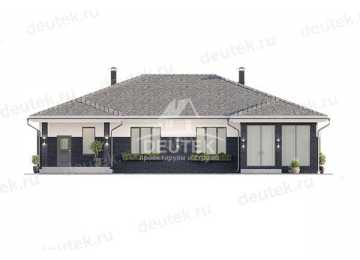 Проект квадратного одноэтажного дома с одноместным гаражом, верандой и кабинетом - LK-226