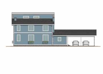Проект узкого двухэтажного дома с навесом для двух автомобилей - P233
