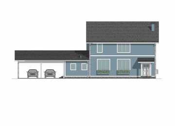 Проект узкого двухэтажного дома с навесом для двух автомобилей - P233