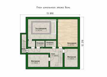 Проект бани с бассейном, бильярдной, веррандой и террасой - P258